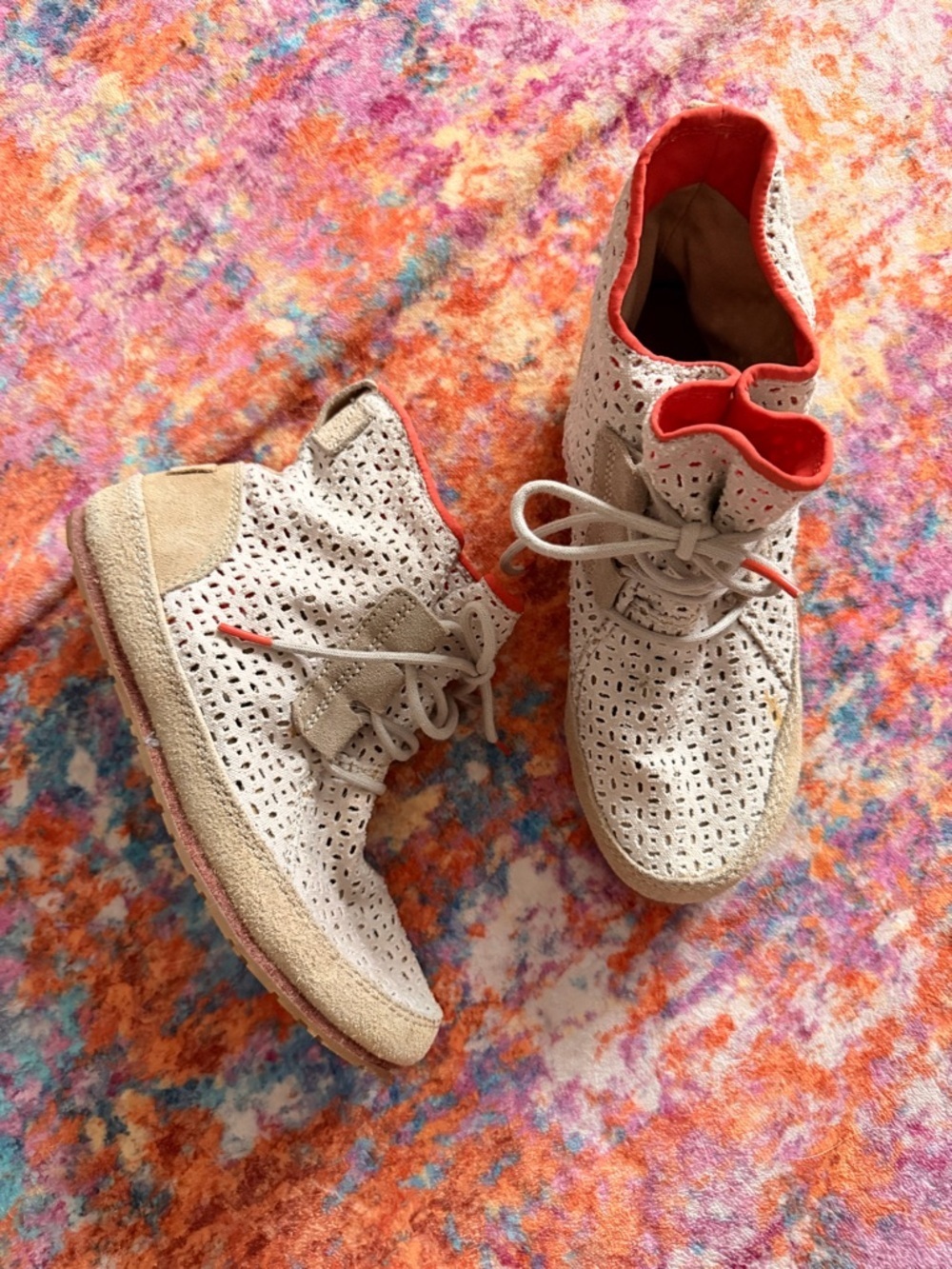 Sorel Cream and Red Perforated Canvas Suede Sneakers